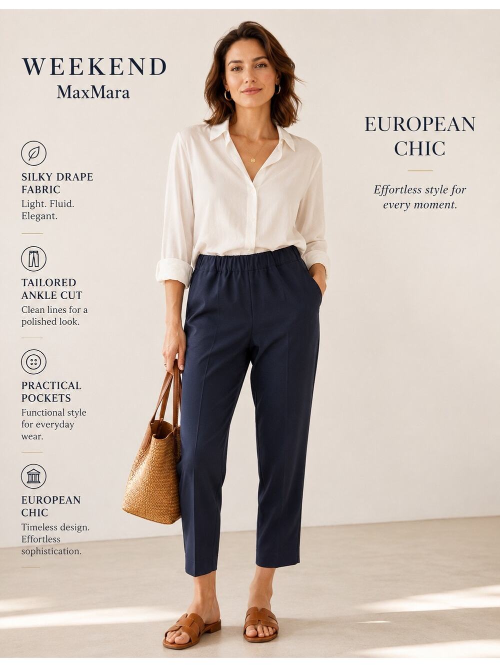 Weekend Max Mara Navy Pull On Ankle Trousers Career Minimalist Pants Italy XS/S